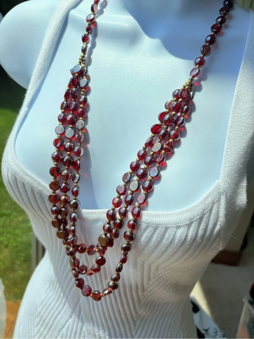Italian Multi-Strand Red Murano Glass iridescent Bead Necklace Gold Accents 30”